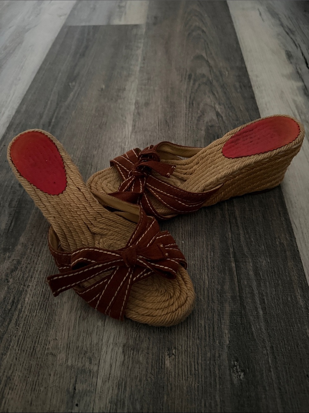 Christian Louboutin Brown Rope Wedge Slide Sandals with Red Insoles Size 7